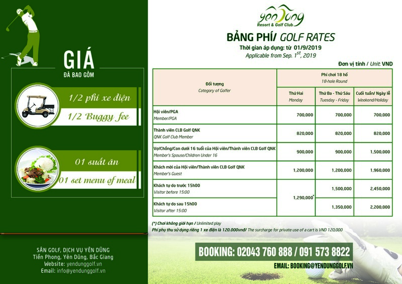 Bảng giá sân golf Yên Dũng mới nhất