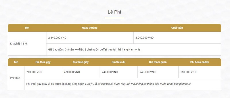 Giá sân golf Harmonie ngày thường