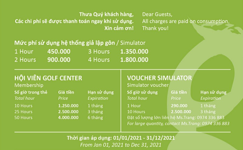 Bảng giá dịch vụ sân BRG Golf Center