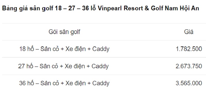 Bảng giá dịch vụ tại sân golf Vinpearl Hội An