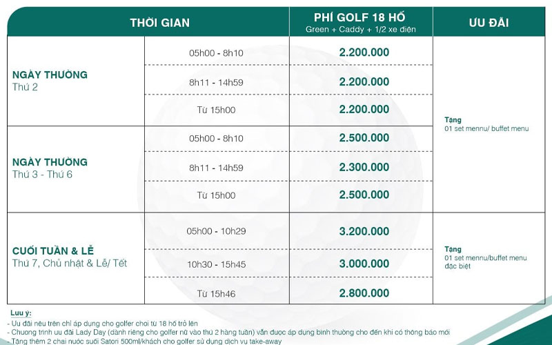 Bảng giá chi tiết các dịch vụ tại sân golf Vinpearl Hà Nội