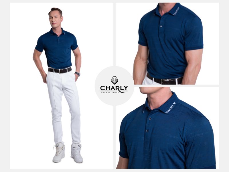 Áo cộc tay nam Charly S23 xanh navy vải sọc