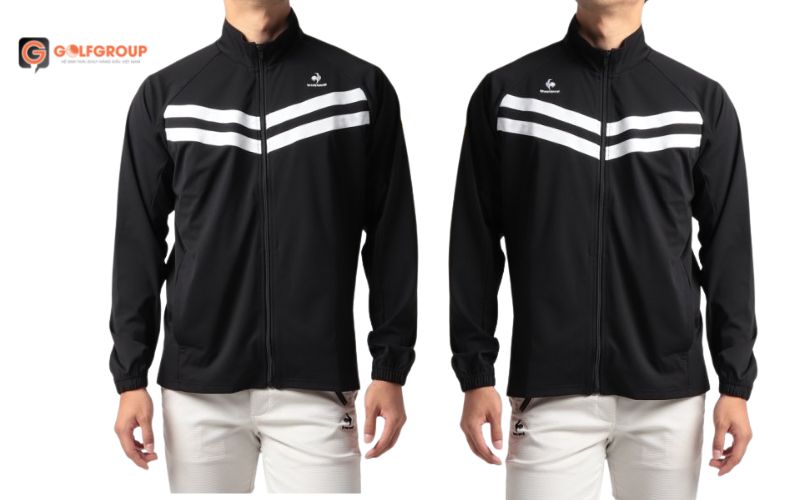hình ảnh áo khoác golf nam lecoq qgmujl50 đen với chất liệu co giãn tốt