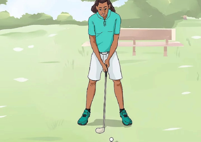 Golfer đứng hai chân rộng bằng vai khi thực hiện cú đánh bóng